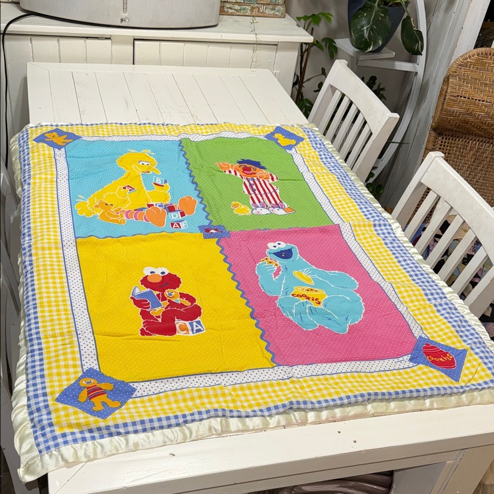 🍄Vintage 90s  handmade sesame street quilt Elmo, Cookie Monster, Ernie, big bird